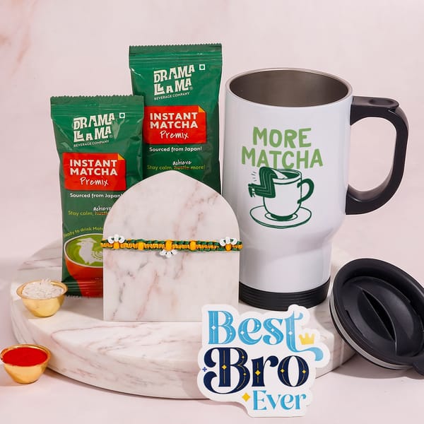 Handcrafted Beaded Rakhi Hamper with Travel Mug & Matcha