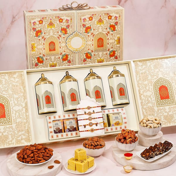 Handcrafted Floral Rakhi Set of 5 with Dry Fruits & Sweets