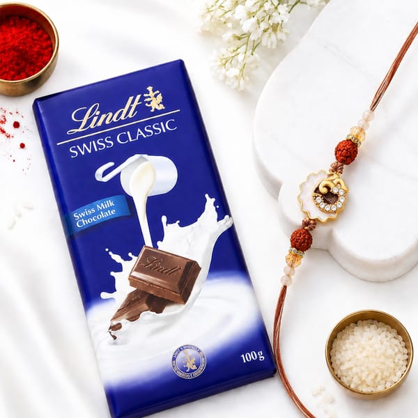Handcrafted Om Rudraksha Rakhi with Lindt Chocolate