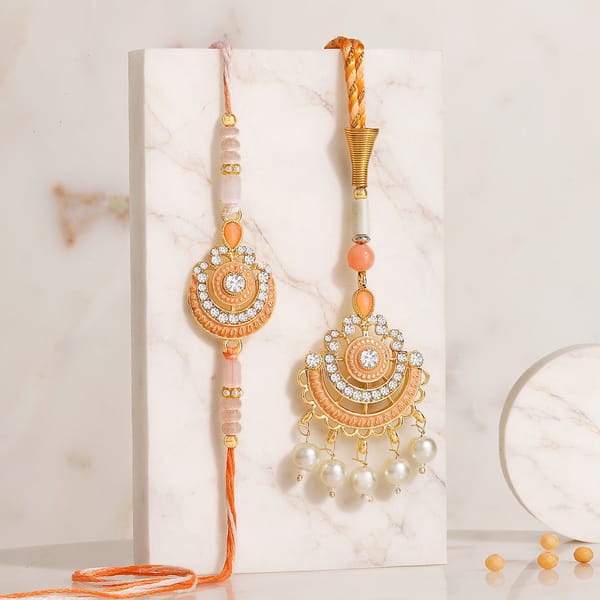 Handcrafted Peach Bhaiya Bhabhi Rakhi Set