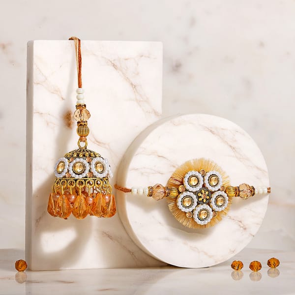 Handcrafted Pearl Rakhi Set for Bhaiya Bhabhi