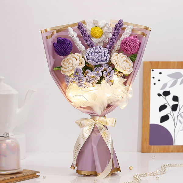 Handcrafted Purple Crochet Flowers LED Bouquet