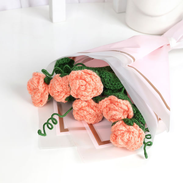 Handmade Mother's Day Crochet Peach Roses Bouquet