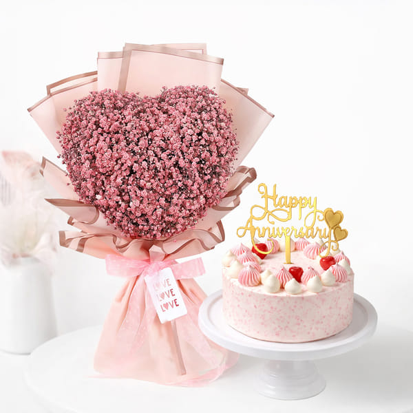 Heart Bouquet & Strawberry Vanilla Cake Anniversary Combo