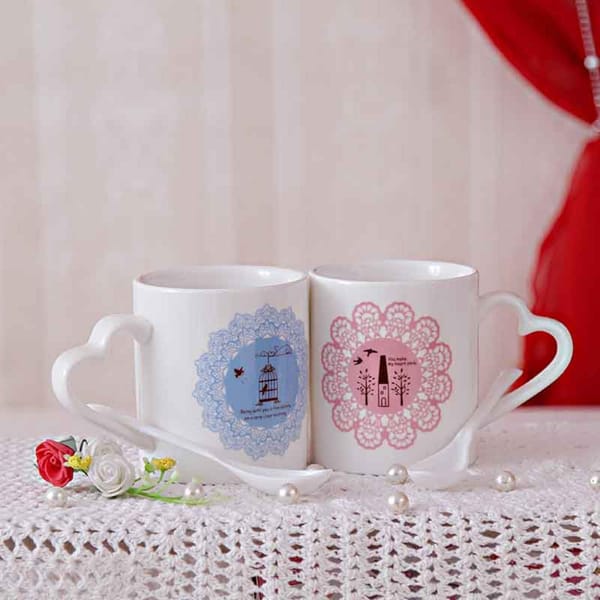 Heart Shape Handle Ceramic Mug Set with Spoons