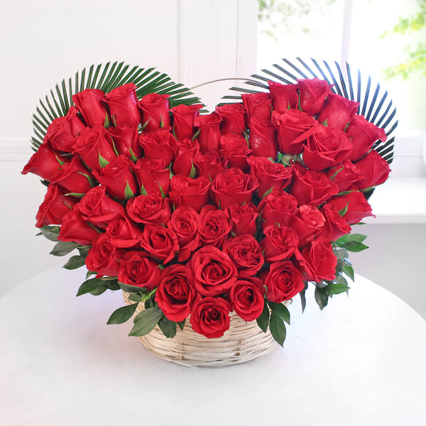 Heart Shaped Bouquet of 50 Red Roses in Basket