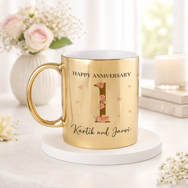 IGP Personalized 1st Wedding Anniversary Golden Ceramic Mug with Name  300 ml Elegant Coffee & Tea G