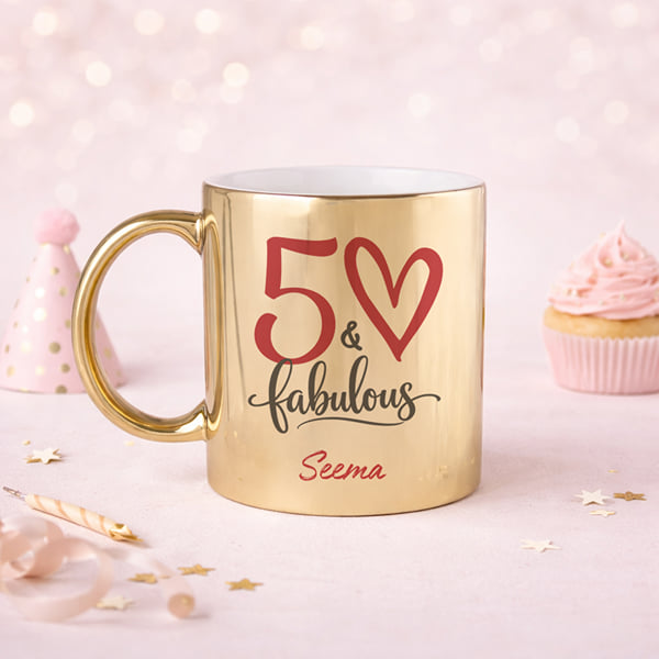 IGP Personalized 50 & Fabulous Gold Metallic Mug | Premium Ceramic | 300 ml | Elegant 50th Birthday 