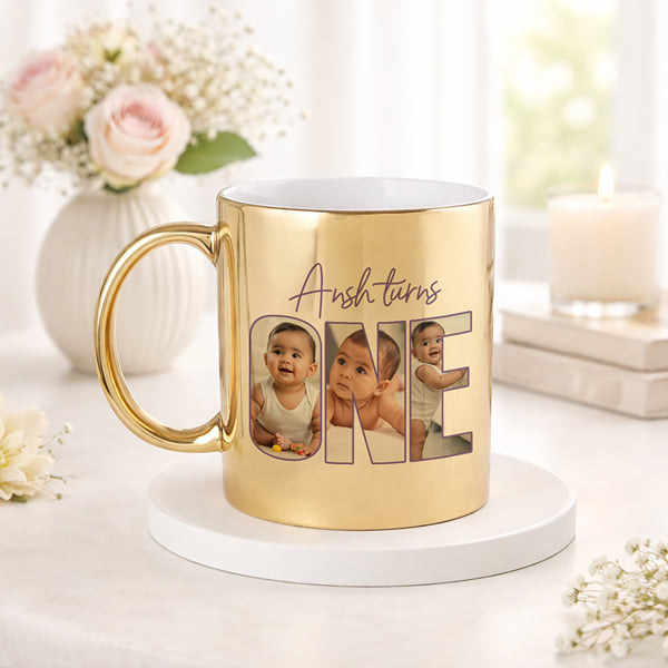 IGP Personalized First Birthday Gold Metallic Mug | Baby Turns One | 300 ml | Premium Ceramic Keepsa