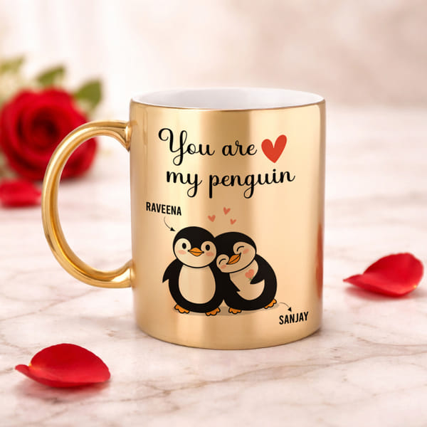 IGP Personalized Golden Ceramic Couple Mug 300ml You Are My Penguin Design with Names Romantic Gift