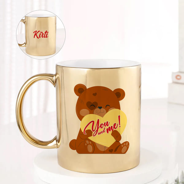 IGP Personalized Golden Ceramic Mug with Name, Cute Teddy â€œYou And Meâ€ Design, 300 ml Romantic G