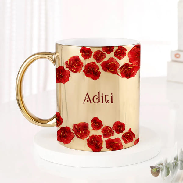 IGP Personalized Golden Ceramic Rose Design Mug 300ml with Name Elegant Floral Coffee Tea Mug Gift
