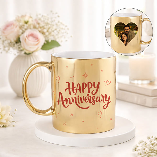 IGP Personalized Happy Anniversary Gold Metallic Mug with Photo | 300ml Premium Ceramic Coffee Cup |