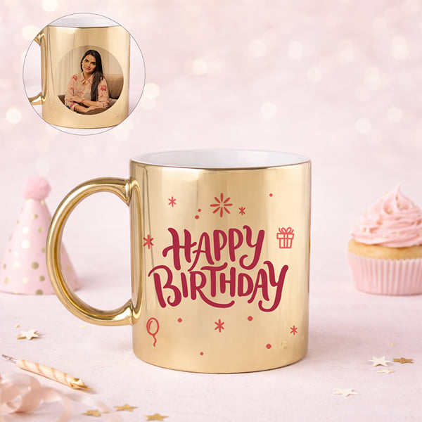 IGP Personalized Happy Birthday Gold Metallic Mug | 300ml Ceramic Coffee Mug With Photo | Best Birth