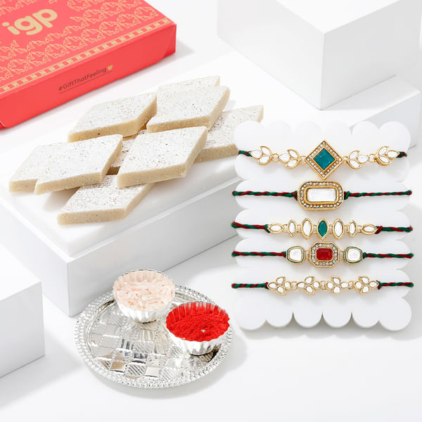 Intricate Kundan Rakhis And Pooja Thali Hamper