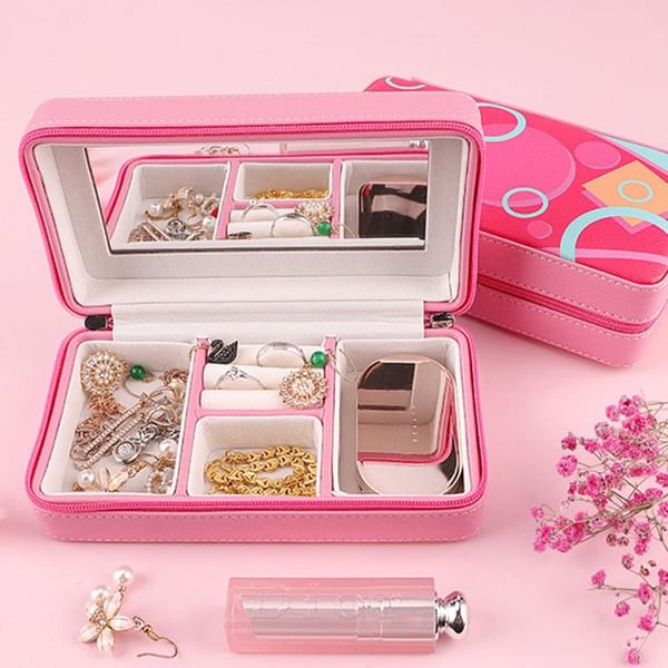 Jewellery Box With Mirror - Zip Closure - Pink - Single Piece