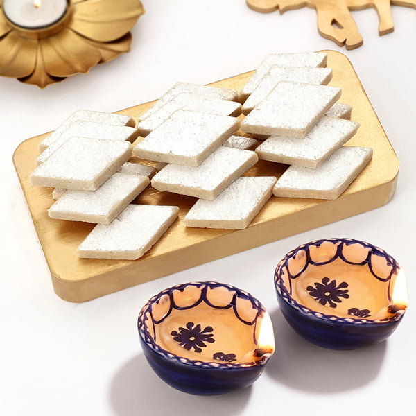 Kaju Katli and Pottery Diya Box