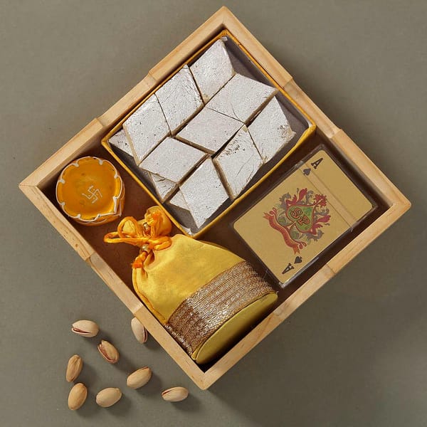 Kaju Katli with Gold Plated Playing Cards and Pistachios in Gift Box