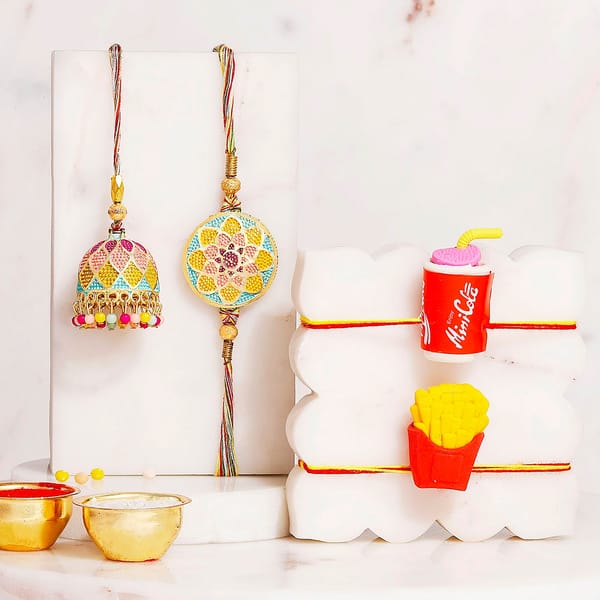 Kids Fast Food Rakhi with Floral Bhaiya Bhabhi Rakhi Set