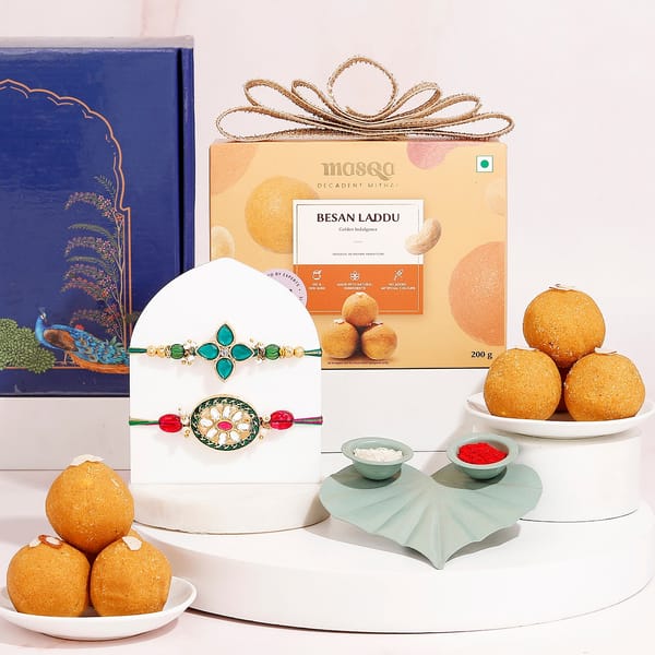 Kundan and Emerald Rakhi Set with Sweets Gift Set
