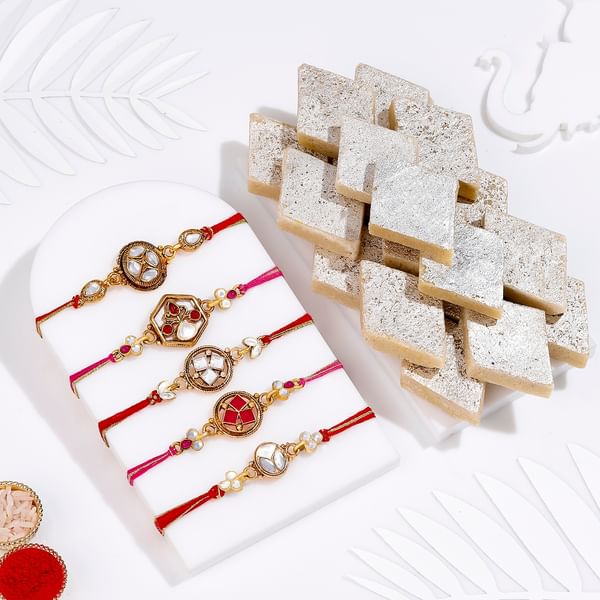 Kundan and Meena Rakhi And Kaju Katli-Set Of 5