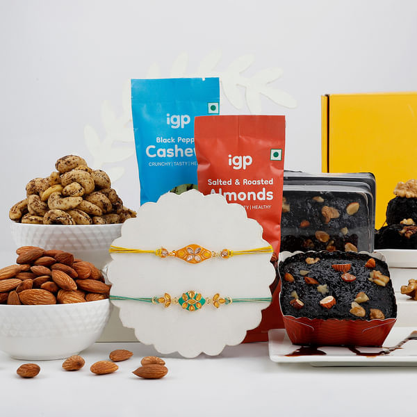 Kundan And Meenakari Rakhi Set Of 2 With Dry Fruits And Brownies