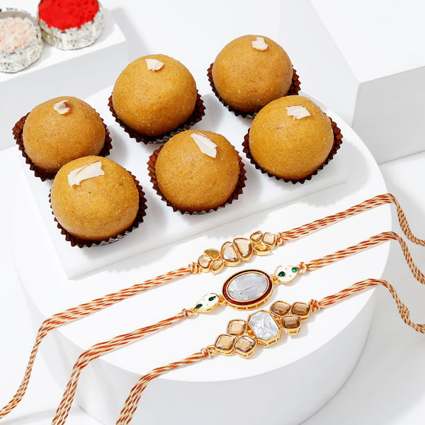 Kundan Rakhi Set Of 3 And Besan Laddoo Combo