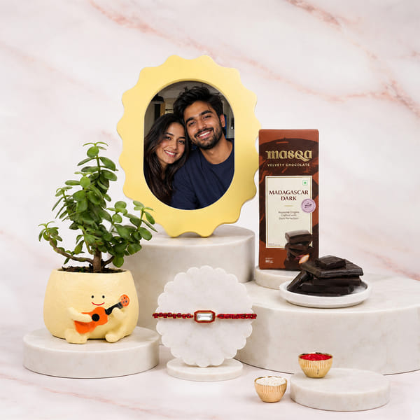 Kundan Rakhi with Jade Plant & Chocolate Hamper