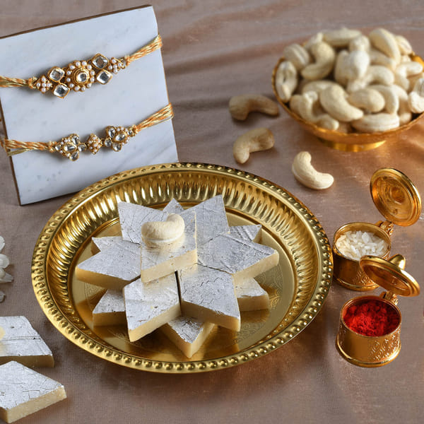 Kundan Rakhis with Kaju Katli and Pooja Thali