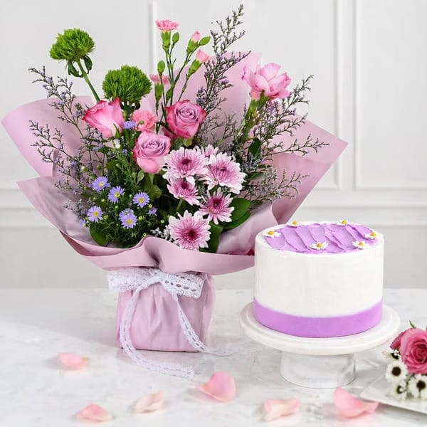 Lavender Dreams Bouquet & Vanilla Cake Combo