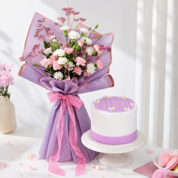 Lavender Floral Bouquet & Lilac Cake Combo