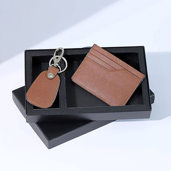 Leather Card Case And Keychain Set - - Dark Tan