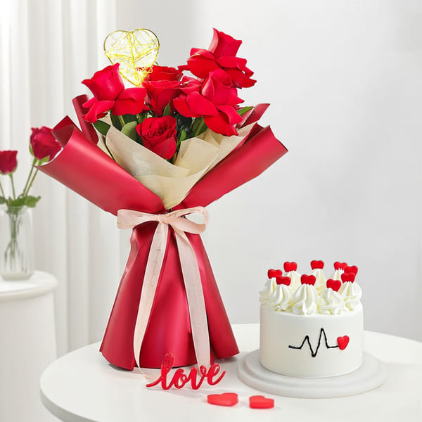 LED Red Rose Bouquet & Heart Cake Combo
