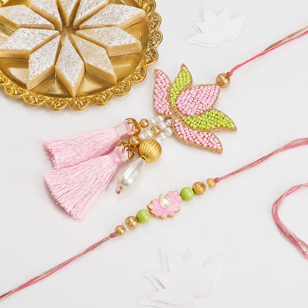 Lotus Design Bhaiya Bhabhi Rakhi Set With Kaju Katli
