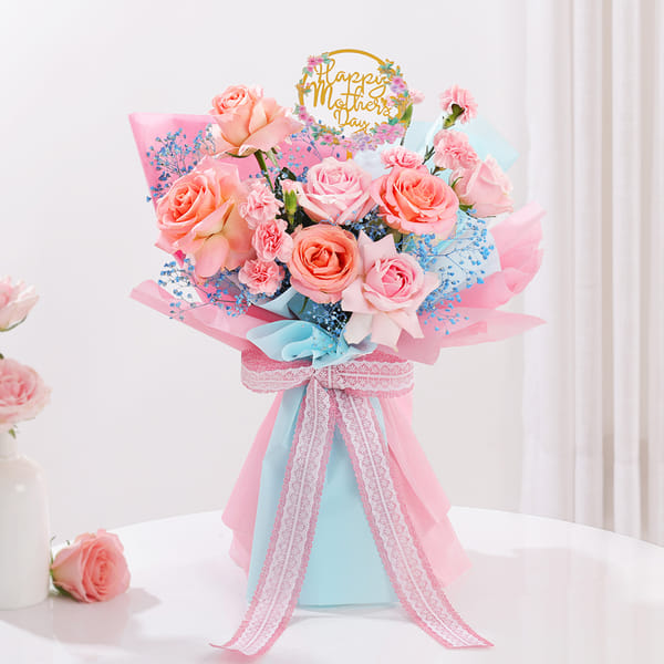 Lovely Bouquet with Pink Roses & Spray Carnations