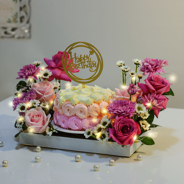 Luxe Glow Flower And Cake Arrangement