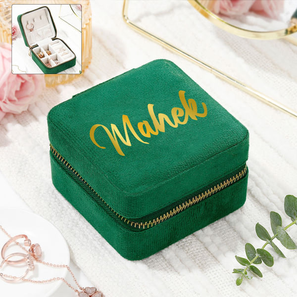 Luxe Velvet Personalized Green Jewellery Organizer