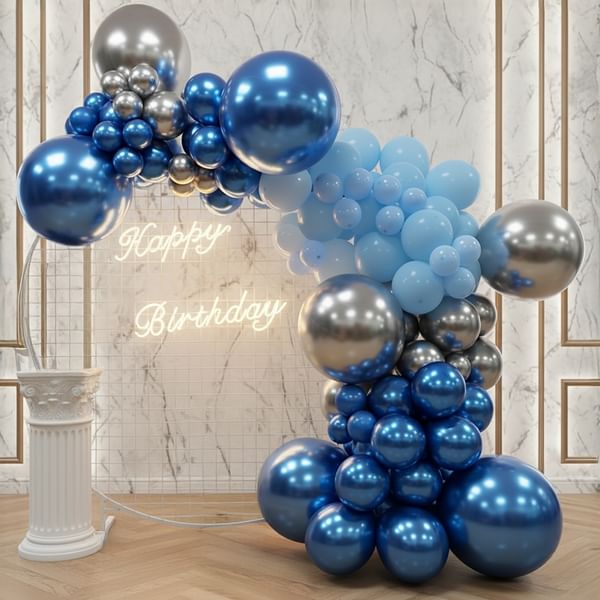 Luxurious Blue & Silver Birthday Balloon Arch Kit