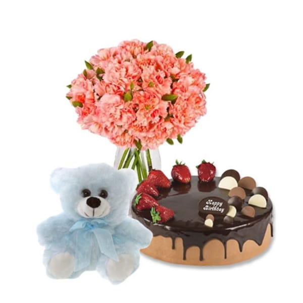 Luxury Gift Hamper with Pink Carnations, Cake & Teddy Bear