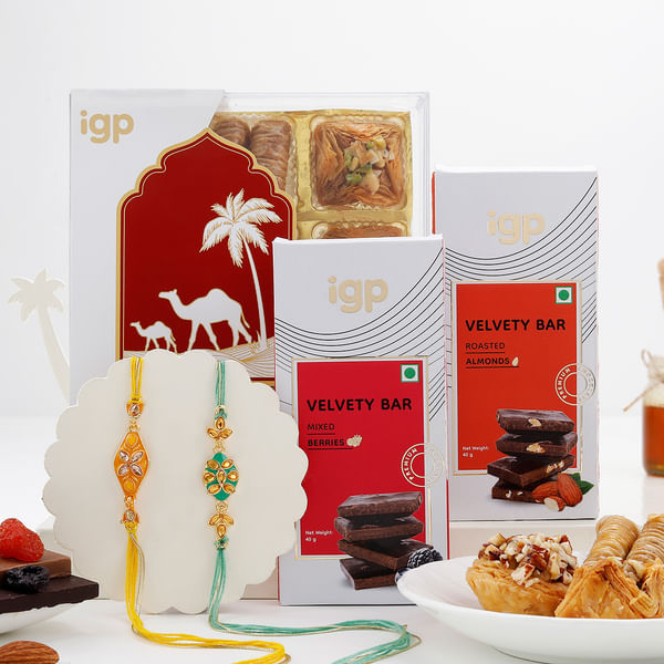 Majestic Kundan Rakhi Set Of 2 With Sweets Hamper