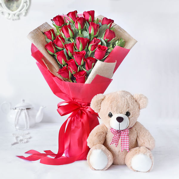 Majestic Red Rose Bouquet with Teddy Bear