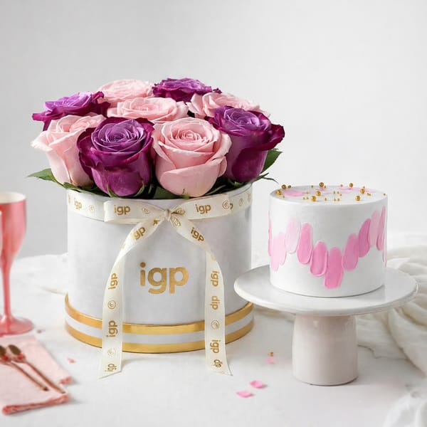 Majestic Rose Arrangement & Pink Delight Cake