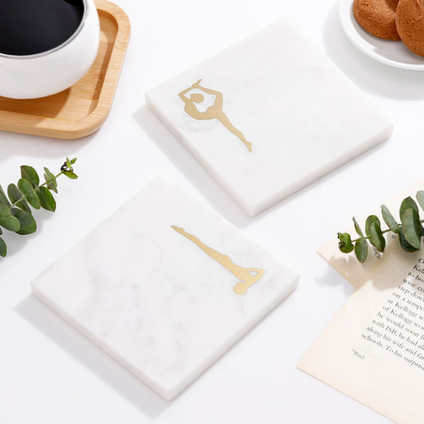 Marble Coasters with Yoga Designs in Brass (Set of 2)