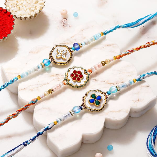 Meenakari Floral with Mother of Pearl Rakhi Set of 3