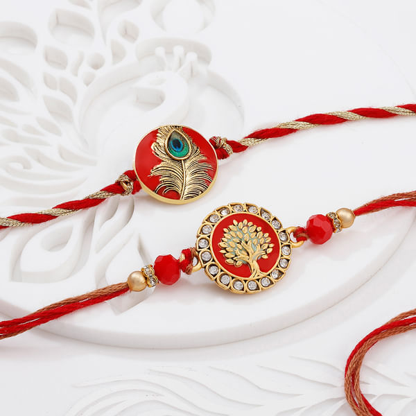 Meenakari Tree Of Life And Peacock Rakhis - Set Of 2