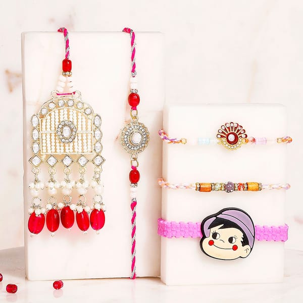 Mehrab Kundan Pearl and Peacock Rakhi Set with Kids Bracelet Rakhi