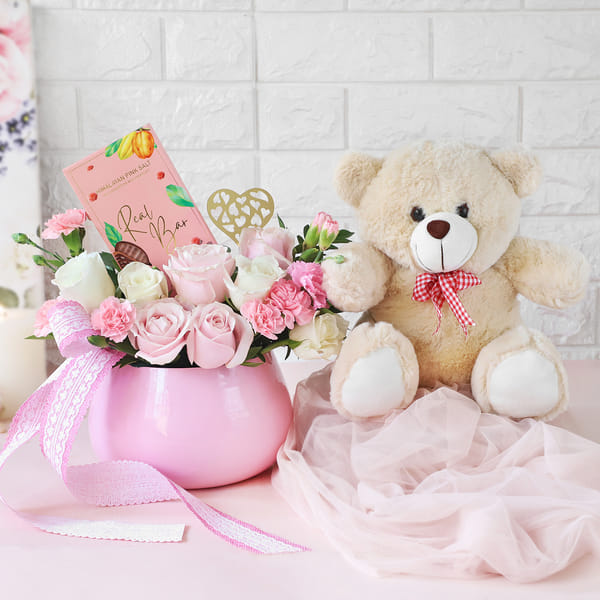 Mellow Love With Chocolate And Teddy In Planter