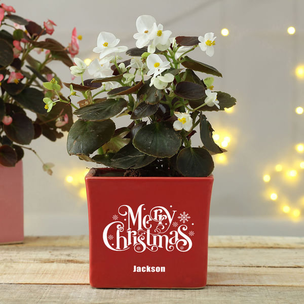 Merry Xmas Personalized Red Ceramic Planter