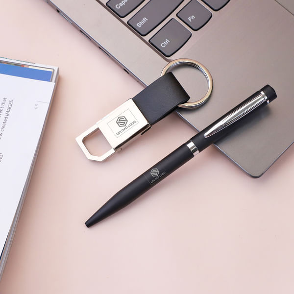 Metal Ball Pen &  Stainless Steel with leather Black Keychain
