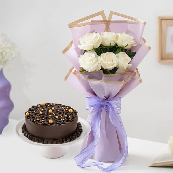 Midnight Truffle Cake & White Roses Bouquet Combo